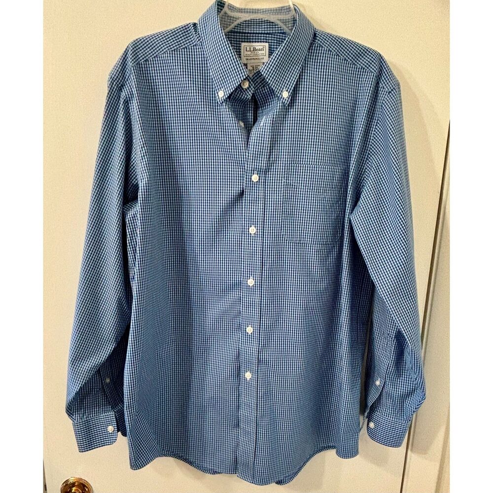 L.L. Bean M 16-34 100% Cotton Wedgewood Blue Check Long Sleeve Button Down Shirt